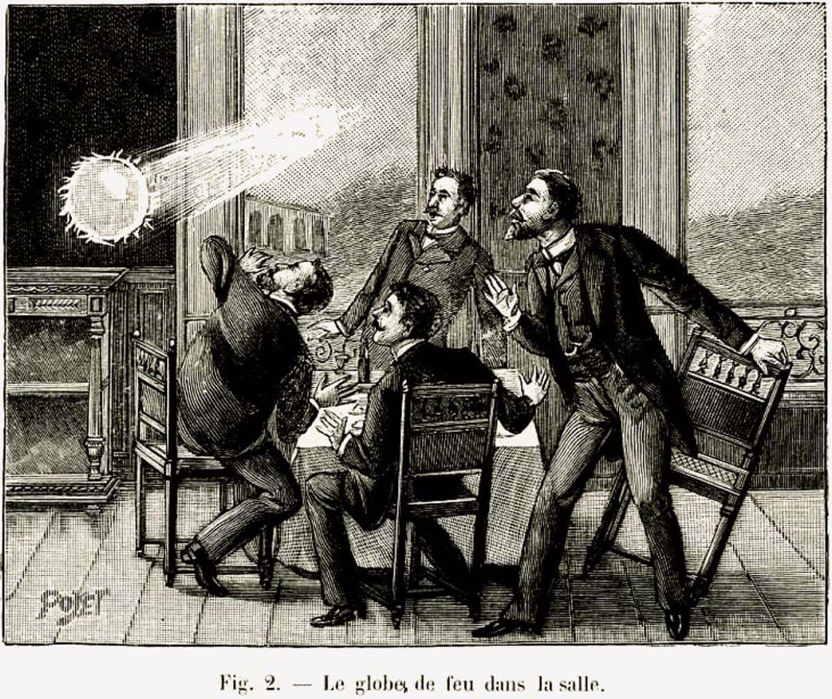 Engraving of a fiery globe bursting into a parlor as four men recoil