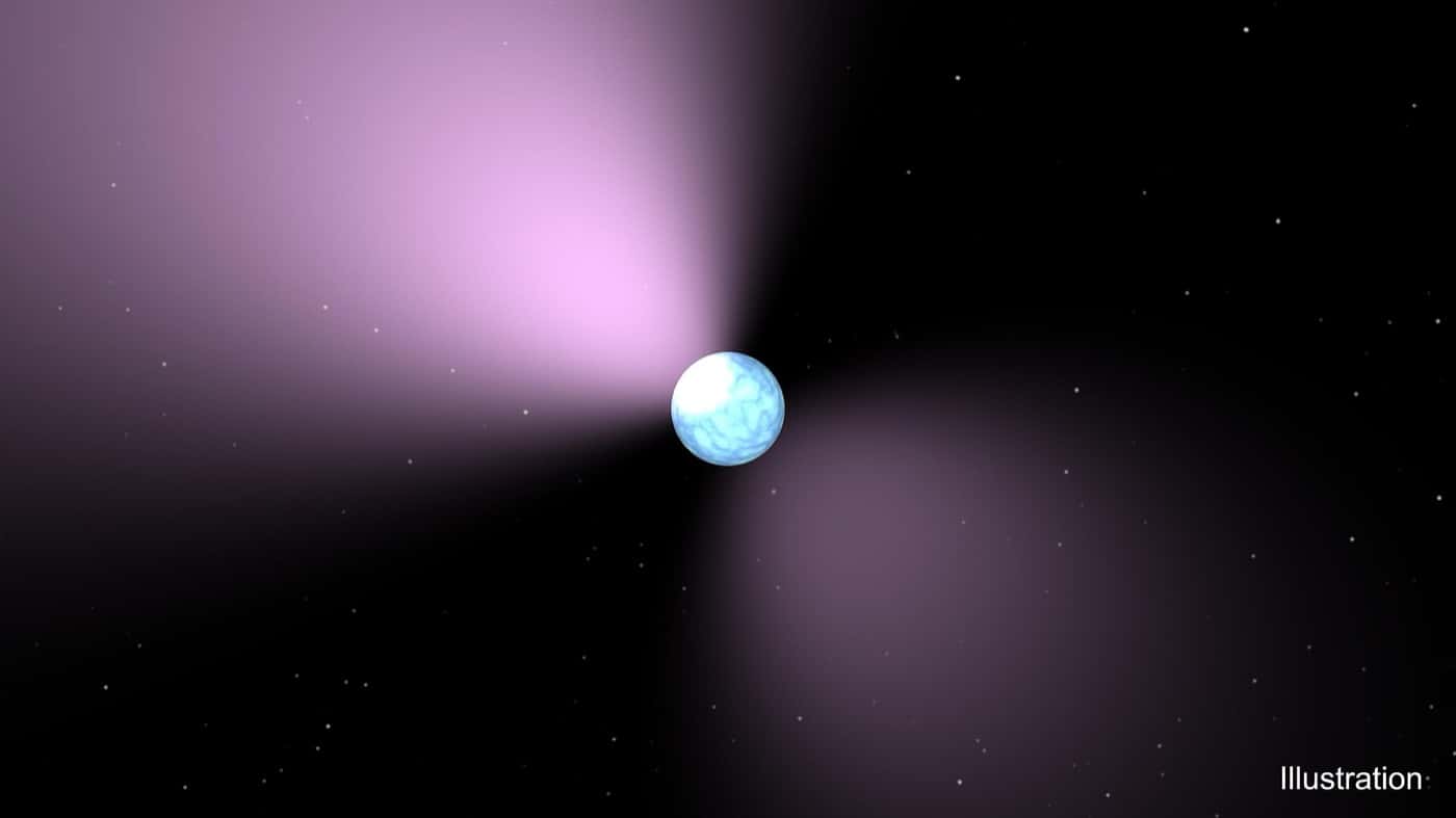 Artist's concept of a pulsar, a magnetized neutron star, beaming radio emission