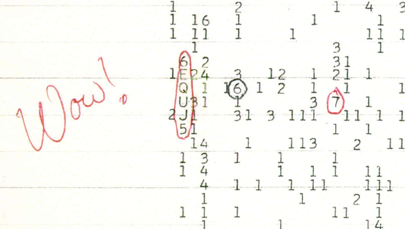 The Wow! signal printout, with the code 6EQUJ5 circled in the margin